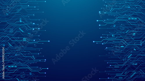 Modern technology blue circuit board texture or pattern. Web background design. Futuristic blue circuit board on tech bg. Abstract backdrop template. Great for web presentations and banners. Vector
