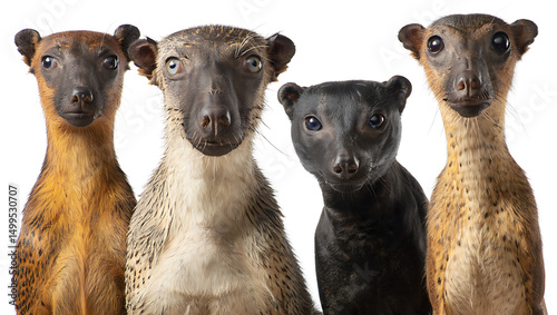Group of four falanouc standing together isolated on white background, showcasing their unique fur patterns and colors in a studio shot