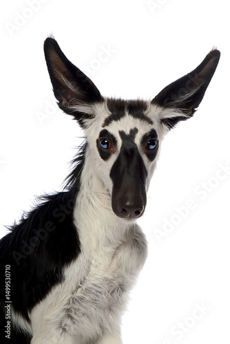 Striking black and white dog with piercing blue eyes looking directly at the camera isolated on white background with a curious expression