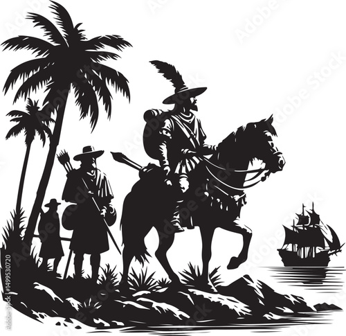 Vector art of Silhouette of conquistador on horseback with crew and ship isolated on white background