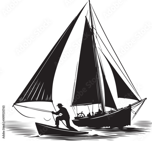 Vector art of Sailor pulling sailboat isolated on white background