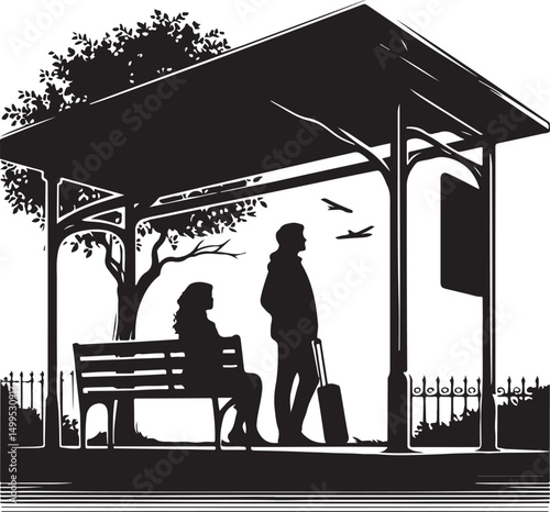 Vector art of Silhouette of people waiting at a bus stop vector illustration isolated on white background