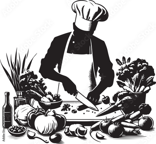 Vector art of Illustration of a chef preparing food with vegetables and ingredients on a table