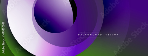 Abstract purple, green gradients form overlapping circles. Modern design suggests fluidity, depth, visual interest. Minimal text present.