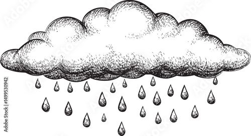 Hand-drawn black and white cloud with raindrops, conceptual rain illustration. Vector illustration