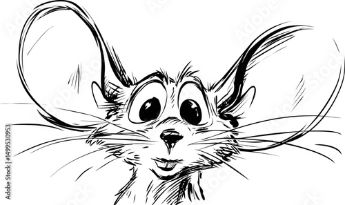 Sketch of a cartoon mouse with large eyes and ears showing curiosity. Vector illustration