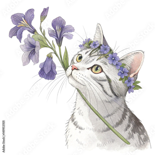 cutest cat flower crown holding the most beautiful flower in the world Clipart Watercolor	