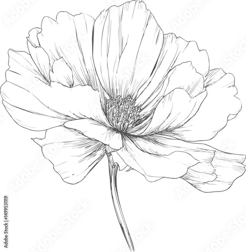 Line drawing of a delicate flower with detailed petals and stem sketch. Vector illustration