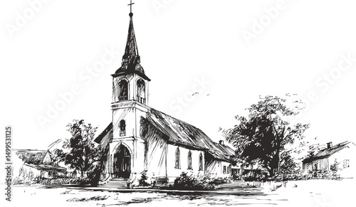 Black and white sketch of a quaint rural church with trees surrounding it. Vector illustration