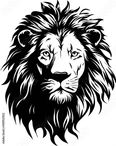 Black and white illustration of a lion head with detailed mane. Vector illustration