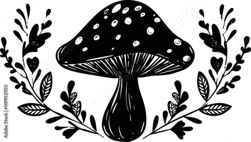Black and white illustration of a mushroom surrounded by floral elements. Vector illustration