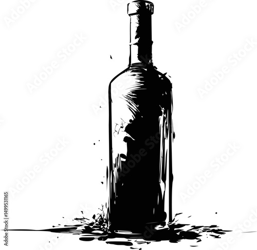 Black and white ink sketch of a wine bottle with splatters. Vector illustration