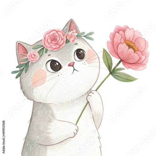 cutest cat flower crown holding the most beautiful flower in the world Clipart Watercolor	