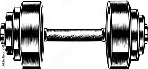 Black and white illustration of a classic dumbbell with detailed shading. Vector illustration