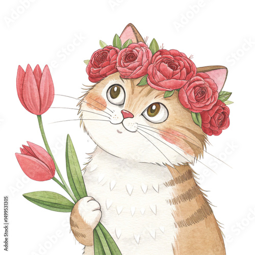 cutest cat flower crown holding the most beautiful flower in the world Clipart Watercolor
