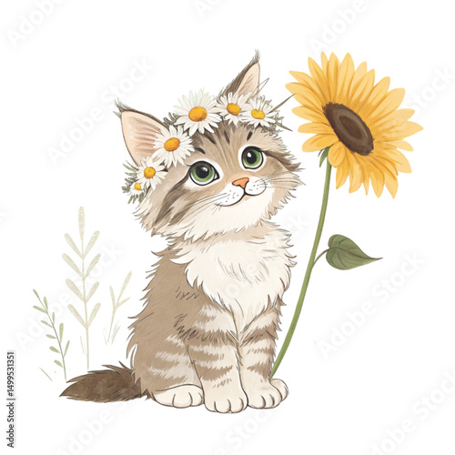 cutest cat flower crown holding the most beautiful flower in the world Clipart Watercolor