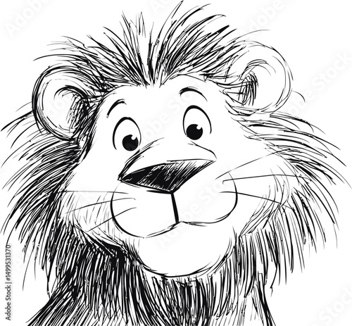Sketch of a smiling lion face with a detailed mane in black and white art. Vector illustration