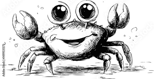 Cute hand-drawn crab with big eyes smiling in black and white illustration. Vector illustration