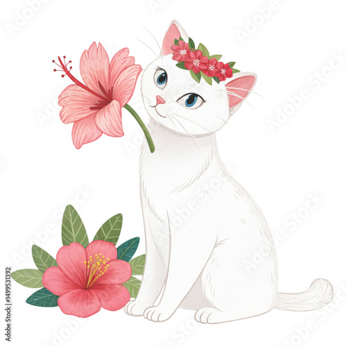 cutest cat flower crown holding the most beautiful flower in the world Clipart Watercolor