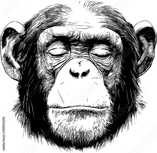 Detailed black and white sketch of a chimpanzee face with eyes closed. Vector illustration