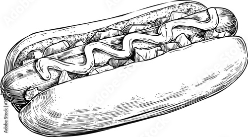 Black and white illustration of a hot dog with mustard and relish, vintage style. Vector illustration