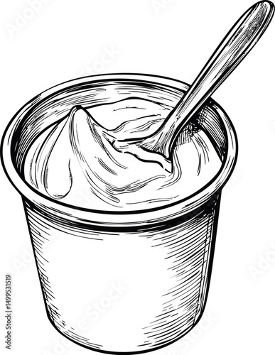 Illustrative black and white drawing of yogurt cup with spoon, vintage style. Vector illustration