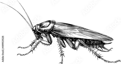 Detailed black and white illustration of a cockroach with intricate line work. Vector illustration