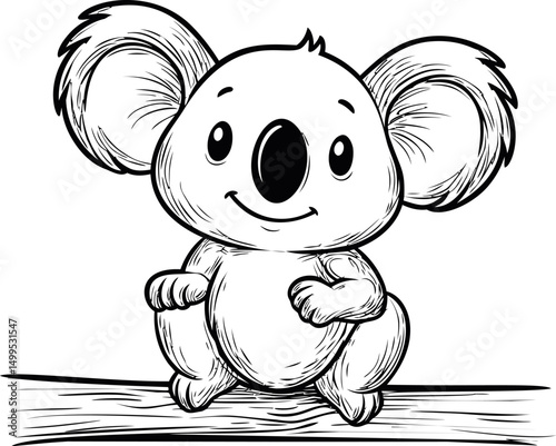 Cute cartoon koala sitting on a branch in black and white line art illustration. Vector illustration
