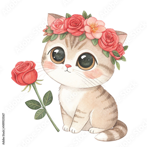 cutest cat flower crown holding the most beautiful flower in the world Clipart Watercolor