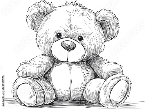 Sketch of a cute teddy bear with fluffy fur and sad eyes, black and white drawing. Vector illustration