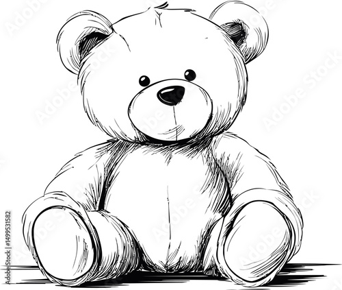 Black and white sketch of a teddy bear sitting. Vector illustration