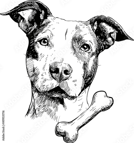 Sketch of a pit bull with expressive eyes and bone in black and white illustration. Vector illustration