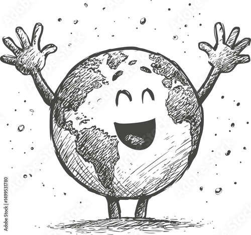 Smiling earth cartoon with arms raised celebrating happiness, hand-drawn sketch. Vector illustration
