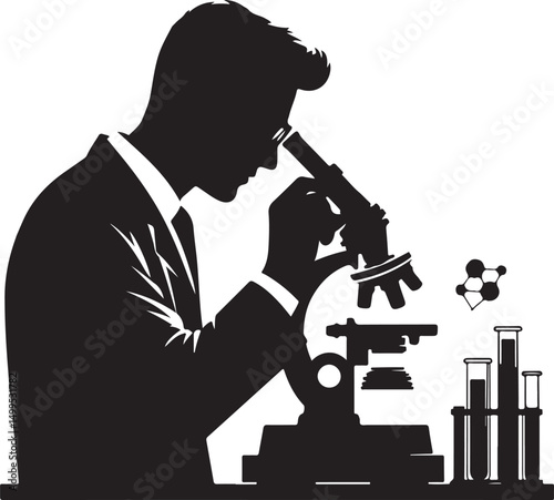 Vector art of Scientist using microscope with test tubes and molecules isolated on transparent background