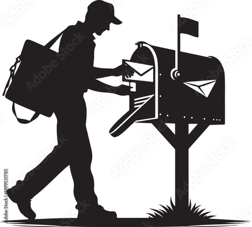 Vector art of Silhouette of a mailman delivering mail into a mailbox isolated on white background