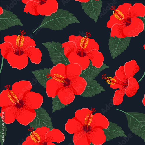 Blossom Hibiscus Flowers seamless pattern. Bright Tropical background. Hand-drawn Vector illustration