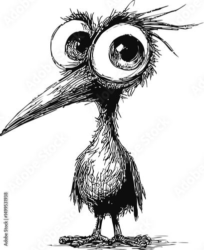 Sketch of a quirky bird with large eyes and spiky feathers, in black and white. Vector illustration