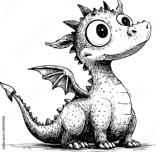 Cute cartoon baby dragon with big eyes in black and white illustration. Vector illustration