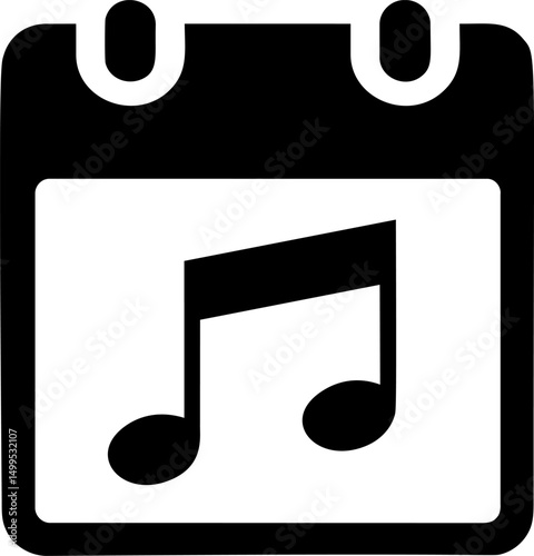 Musical note on a calendar icon in black and white, representing music event scheduling. Vector illustration