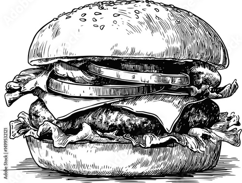 Detailed black and white illustration of a classic cheeseburger with lettuce and onions. Vector illustration