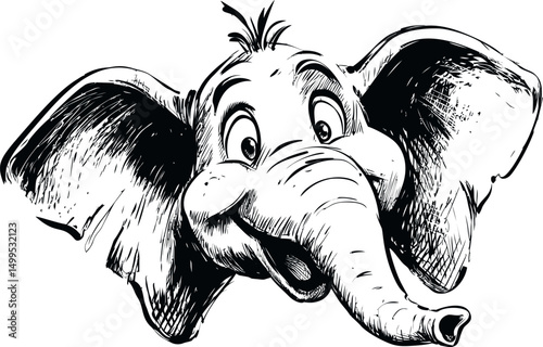 Happy cartoon elephant head sketch with large ears and joyful expression. Vector illustration