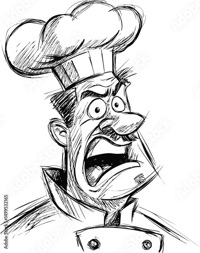 Angry chef sketch with open mouth and chef hat in black and white cartoon style. Vector illustration