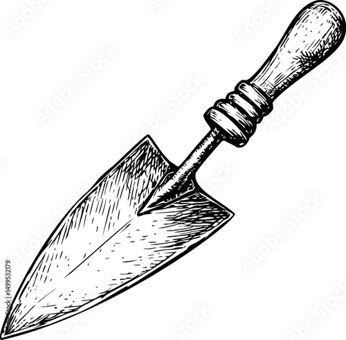 Black and white illustration of a garden trowel with wooden handle, vintage style. Vector illustration