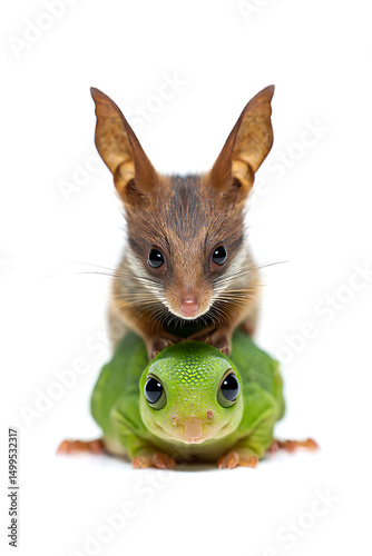 Antechinus sitting on a green tree frog isolated on white background, showcasing Australian wildlife and the beauty of nature