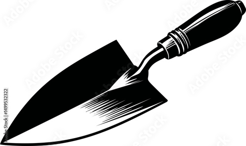 Black and white illustration of a garden trowel with wooden handle. Vector illustration