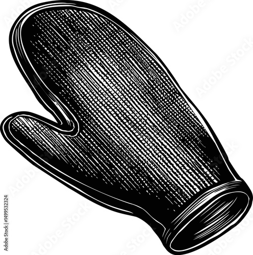Vintage black and white drawing of a detailed oven mitt illustration. Vector illustration