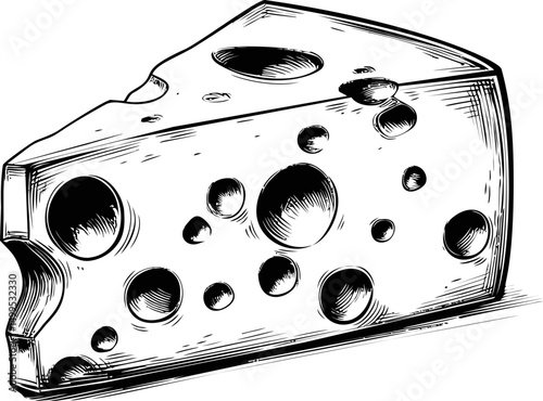 Black and white sketch of a wedge of Swiss cheese with large holes. Vector illustration