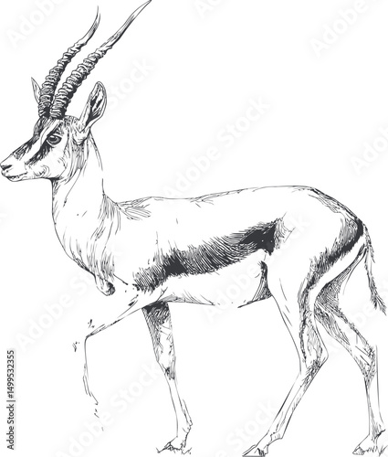Sketch of a graceful gazelle with curved horns in detailed black and white art. Vector illustration
