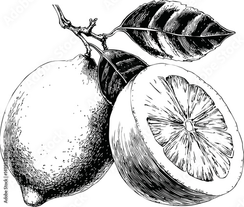 Detailed ink drawing of a lemon and half lemon with leaves, classic sketch style. Vector illustration