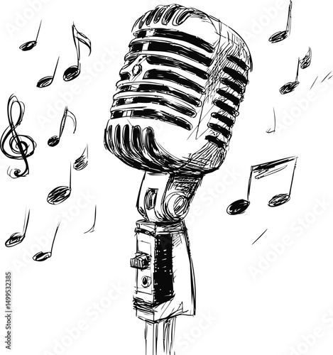 Vintage microphone with musical notes in sketch style illustration. Vector illustration